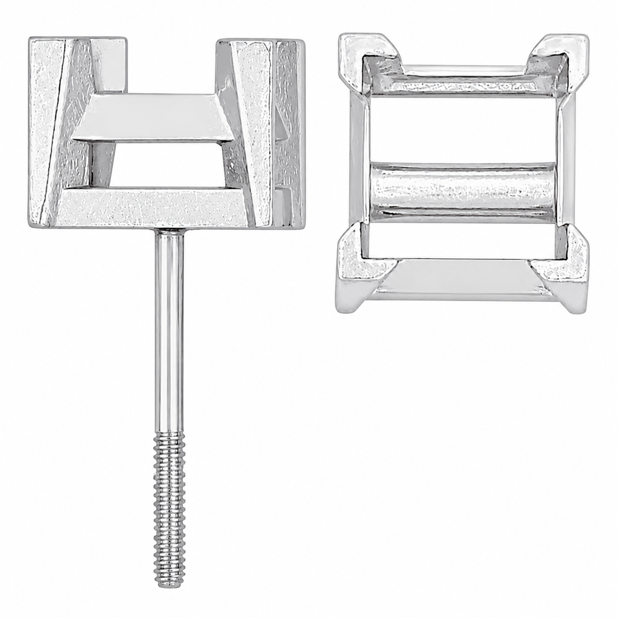 14k White Square Screw-Back Earring w/ V-Prongs, 6.5 mm