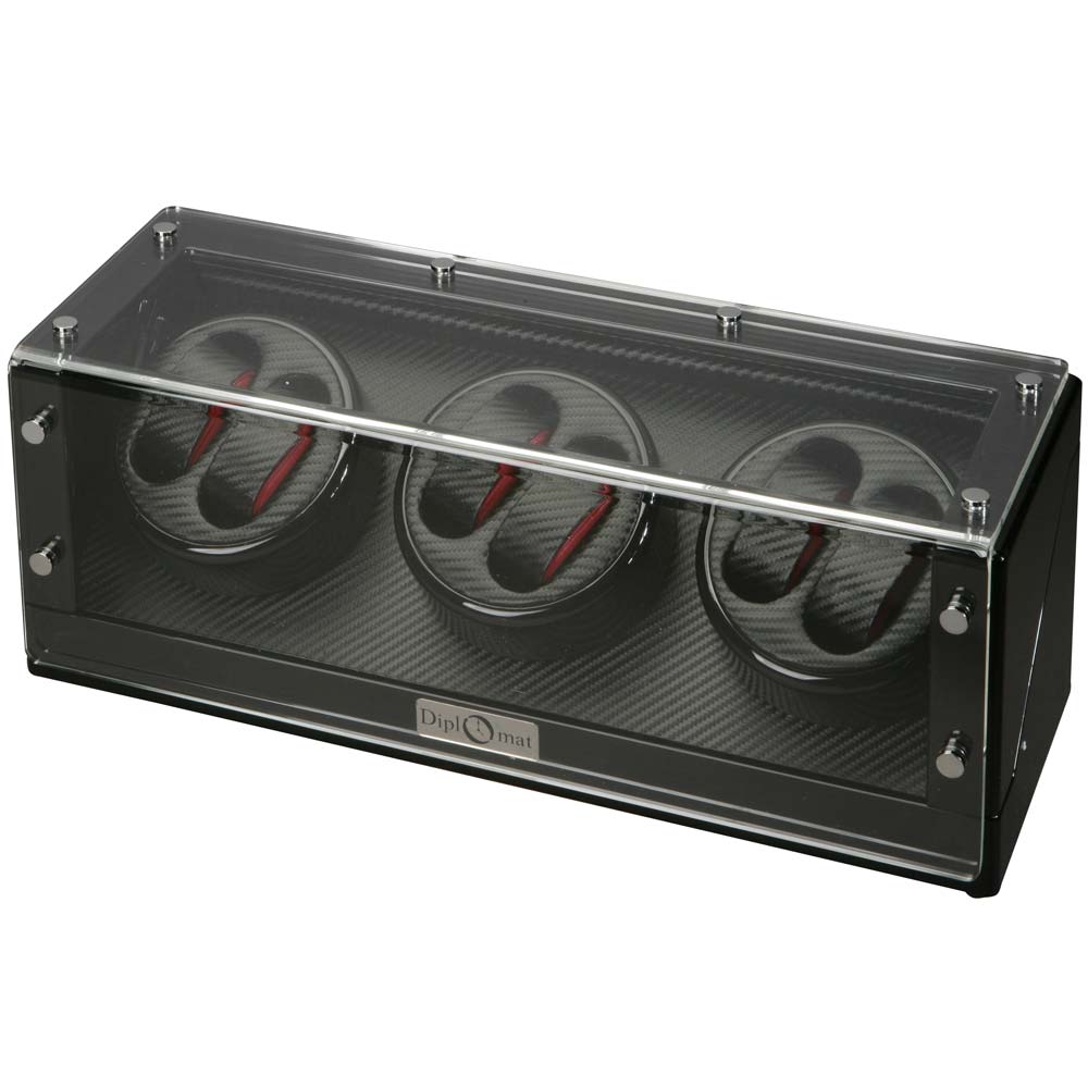 Diplomat Six (6) Watch Winder - Black Wood Finish / Carbon Fiber Pattern & Red Accents Interior