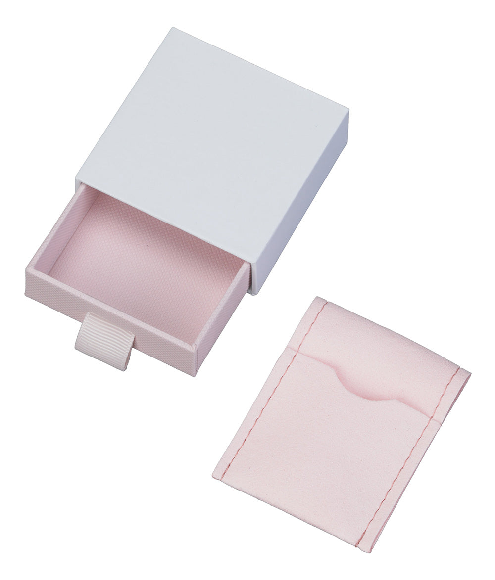 "Cassie" Small Sliding White/Pink Drawer Box with Pink Microsuede Pouch