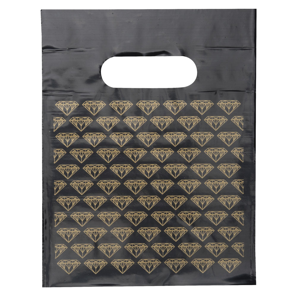 Black-on-Gold Diamond Print Plastic Shopping Bags, Pk/100
