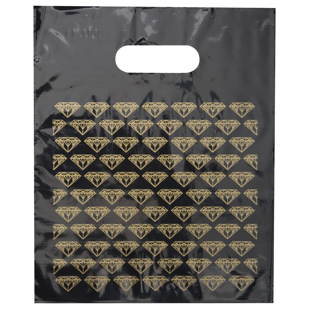 Black-on-Gold Diamond Print Plastic Shopping Bags, Pk/100