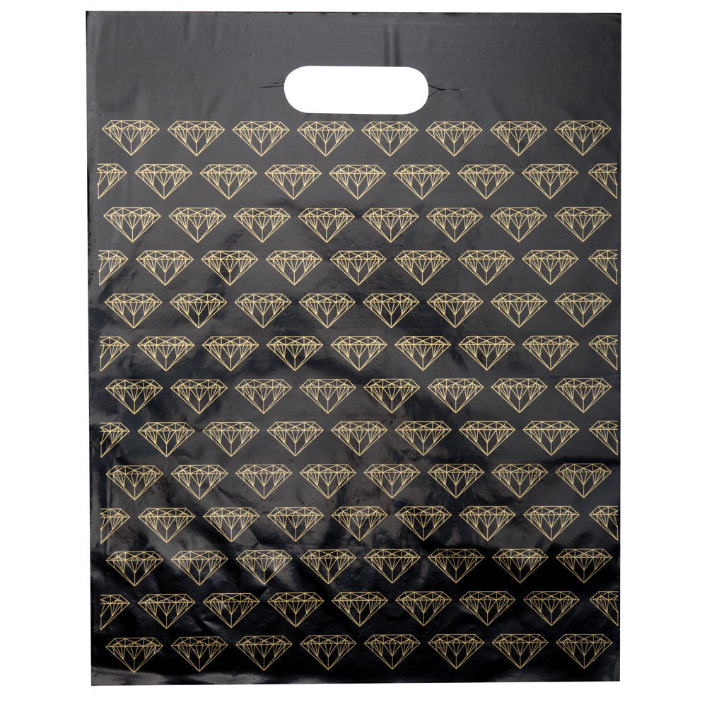 Black-on-Gold Diamond Print Plastic Shopping Bags, Pk/100