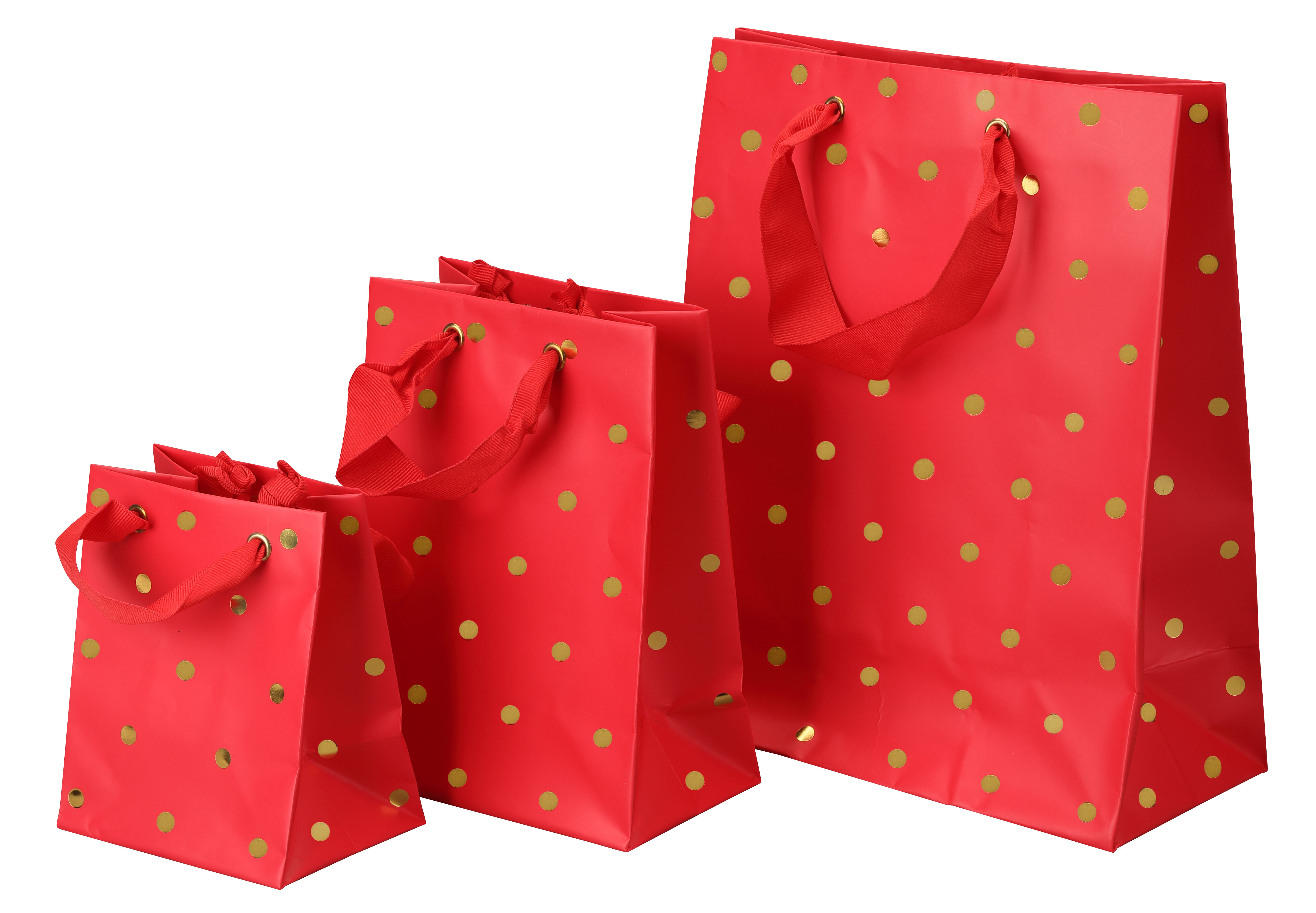 Satin-Finish Premium Tote-Style Gift Bags in Red with Gold Dots, Pk/20