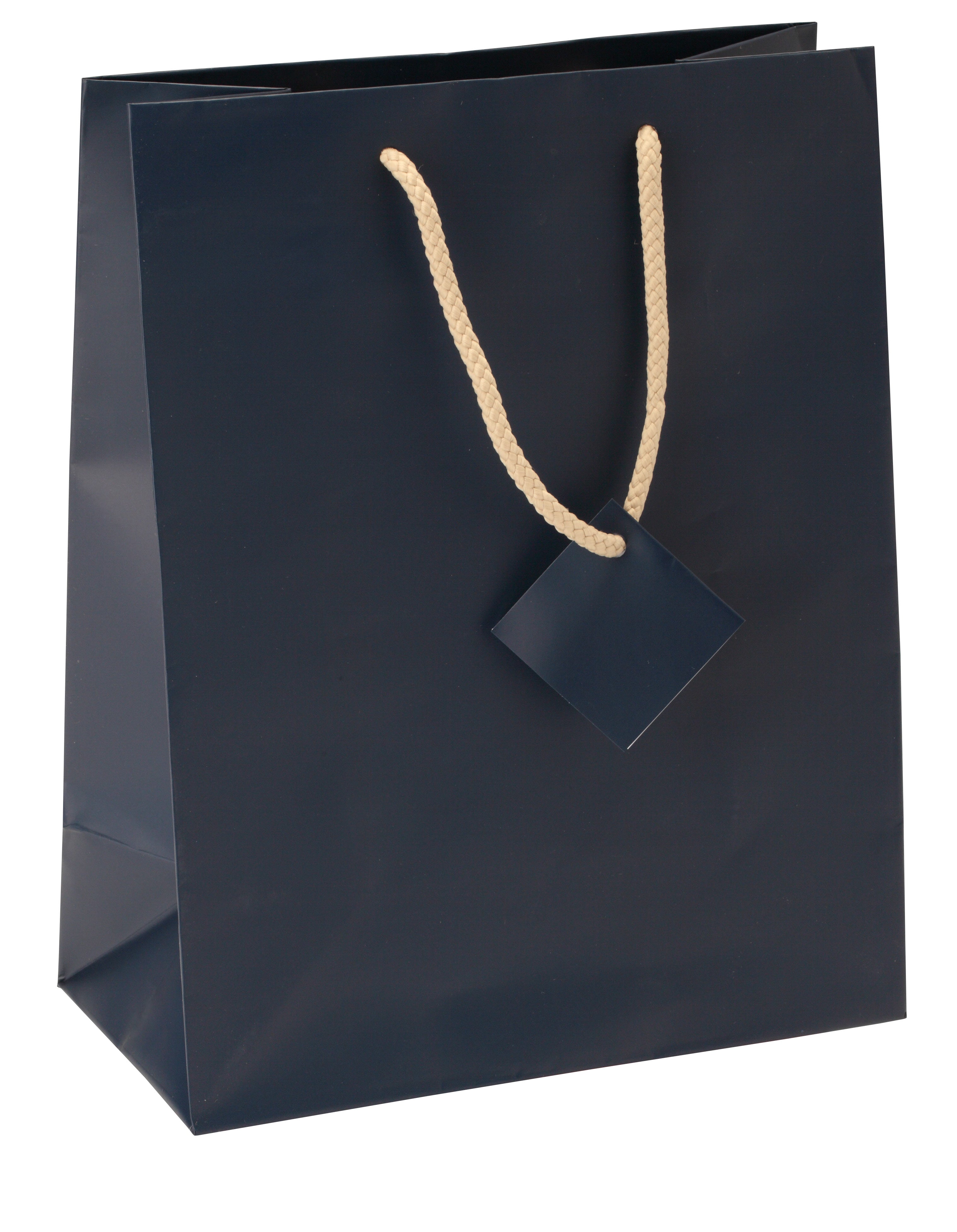 Satin-Finish Tote-Style Gift Bags in Navy Blue with Khaki Handle, Pk/20