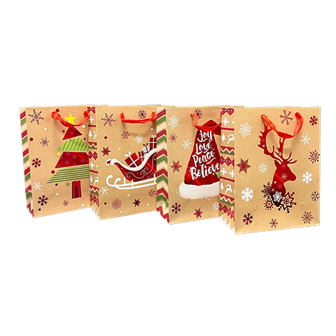 Assorted Kraft Metallic Printed Christmas Tote Bags, Pk/12
