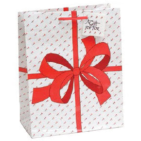 Tote-Style Gift Bags in White w/Red Ribbon & Roses Print (Red Drawstring), Pk/20