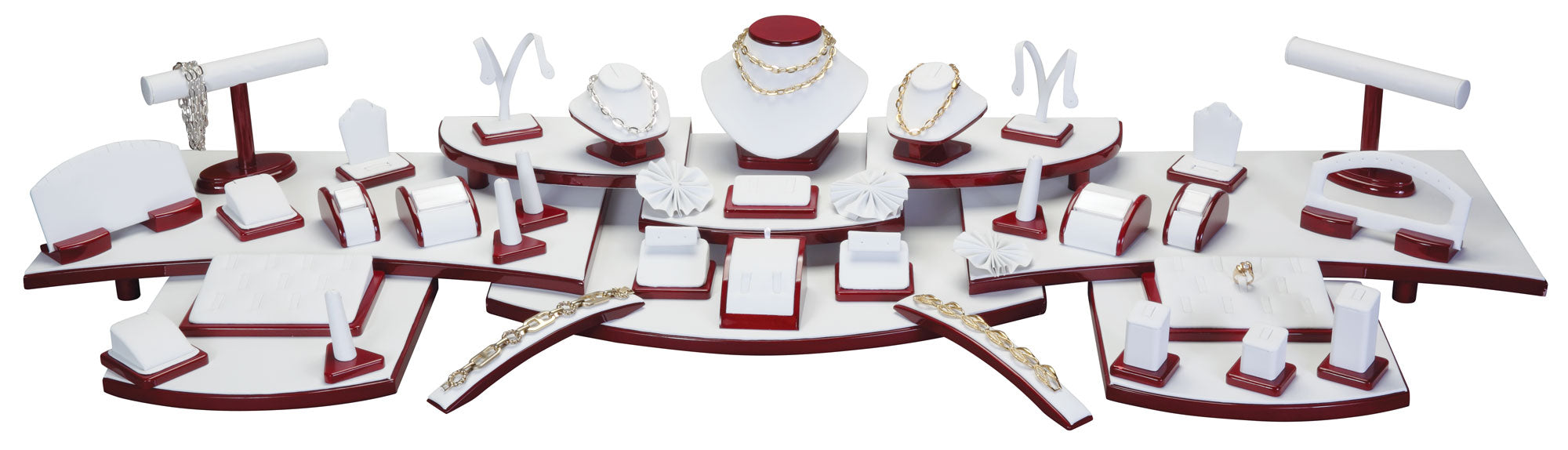 61 Pcs Jewelry Display Set - White Faux Leather w/ Glossy Rosewood Trim