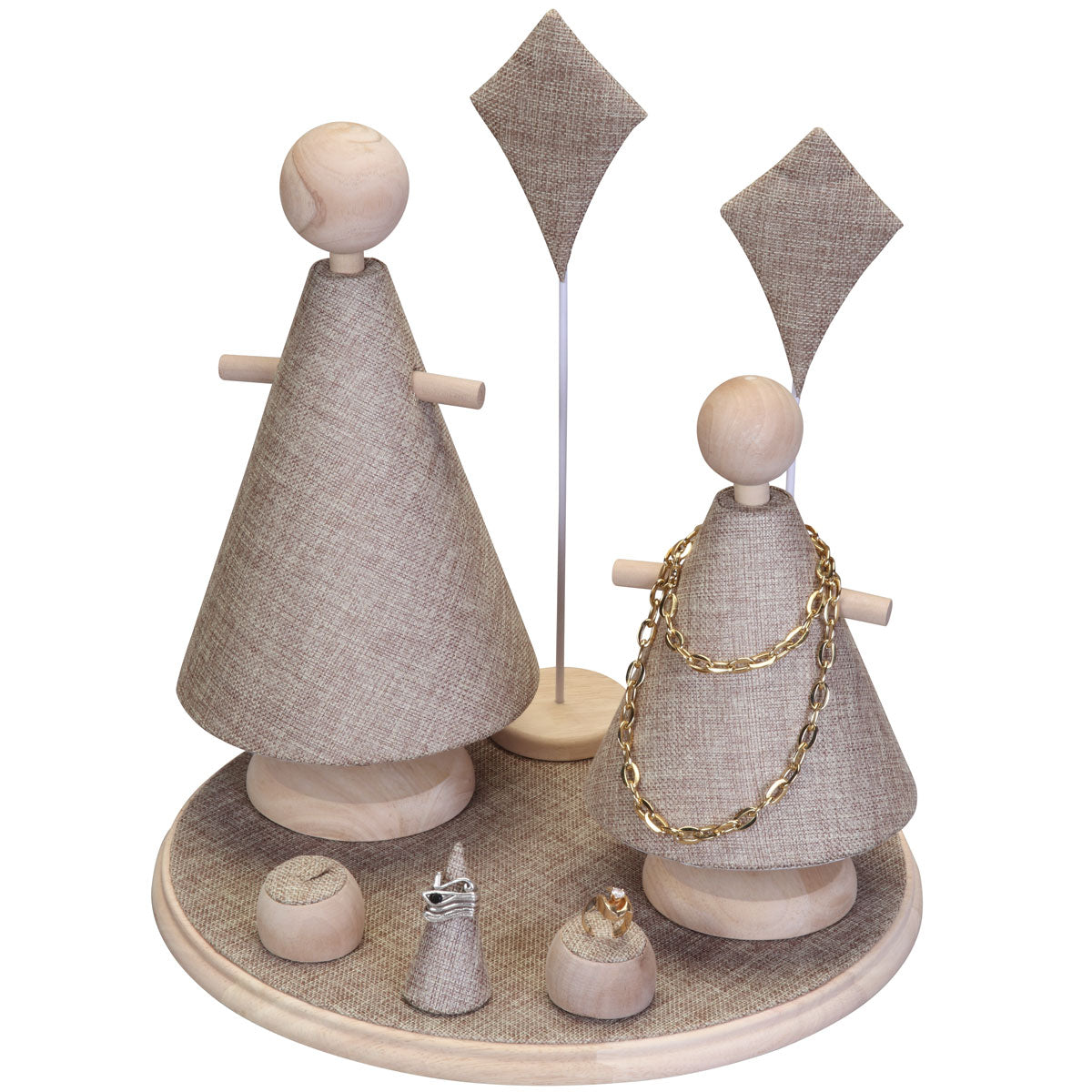 9-Piece Modern Round Jewelry Display Set in Burlap & Natural Wood