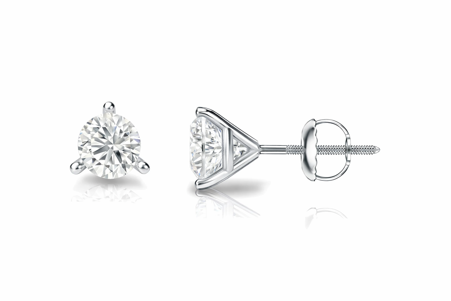 Lab-Created Diamond Earring Studs – Martini 3-Prong with Threaded Backs