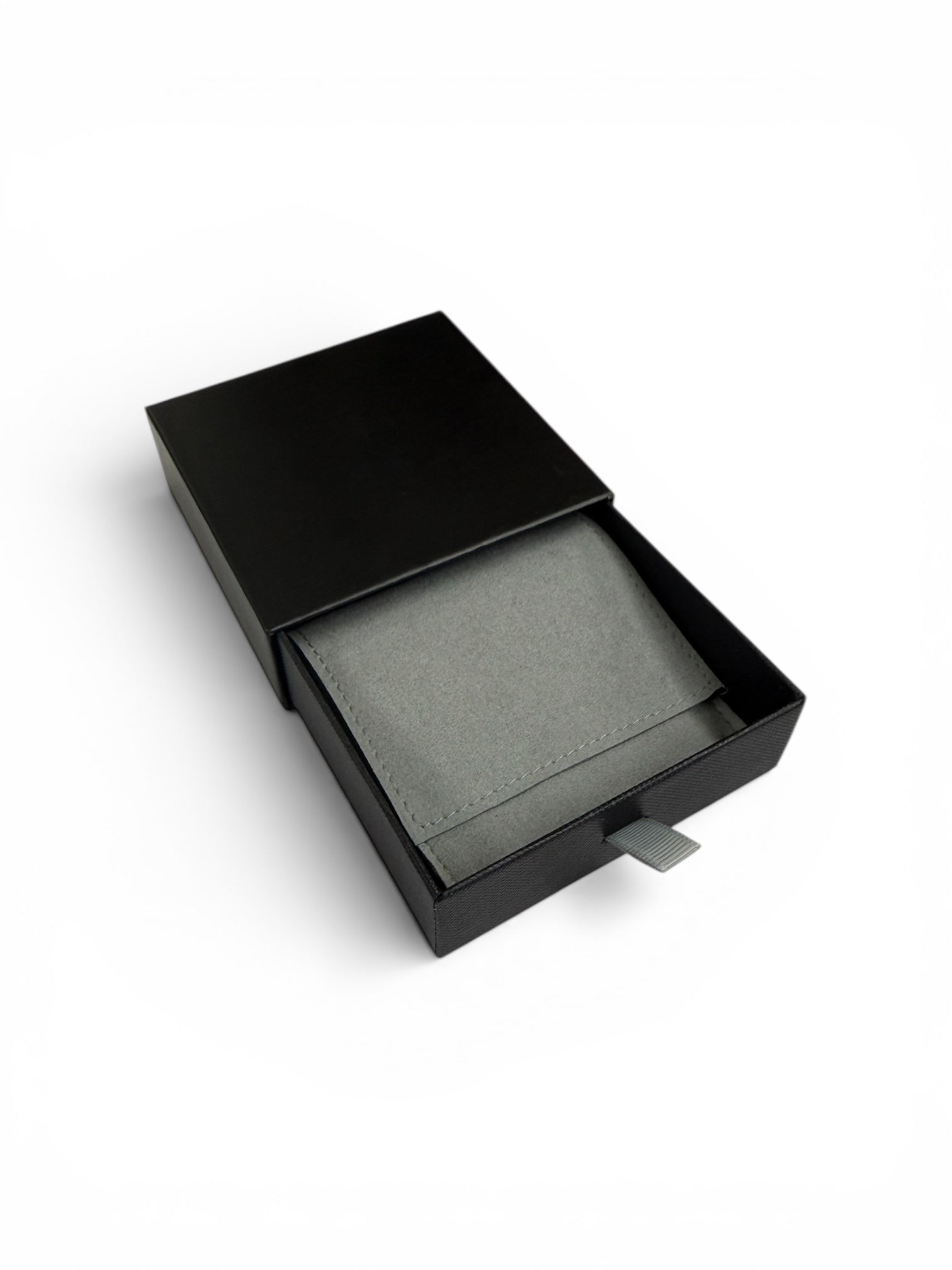 "Cassie" Medium Sliding Black/Gray Drawer Box with Gray Microsuede Pouch