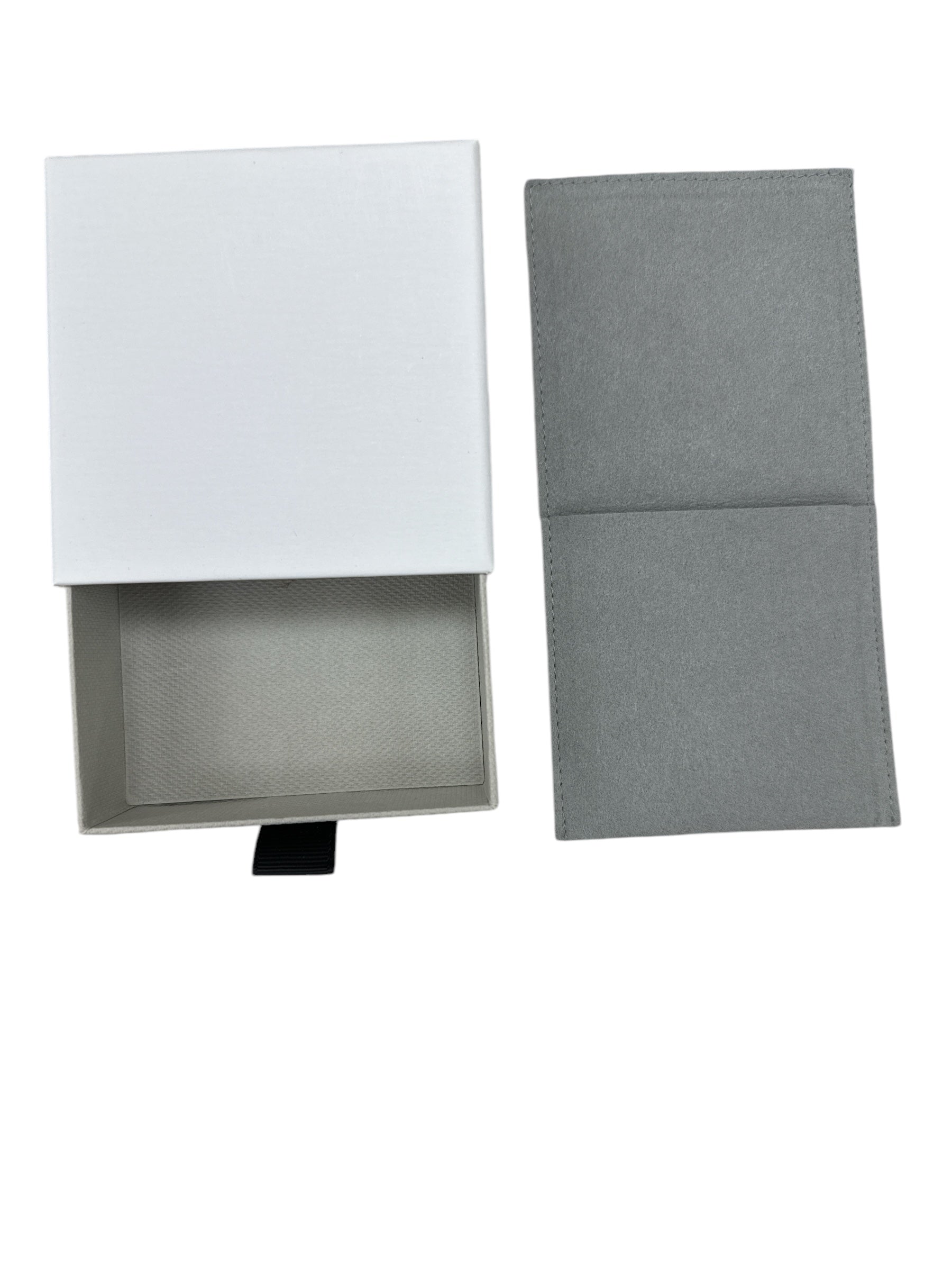 "Cassie" Medium Sliding White/Gray Drawer Box with Gray Microsuede Pouch