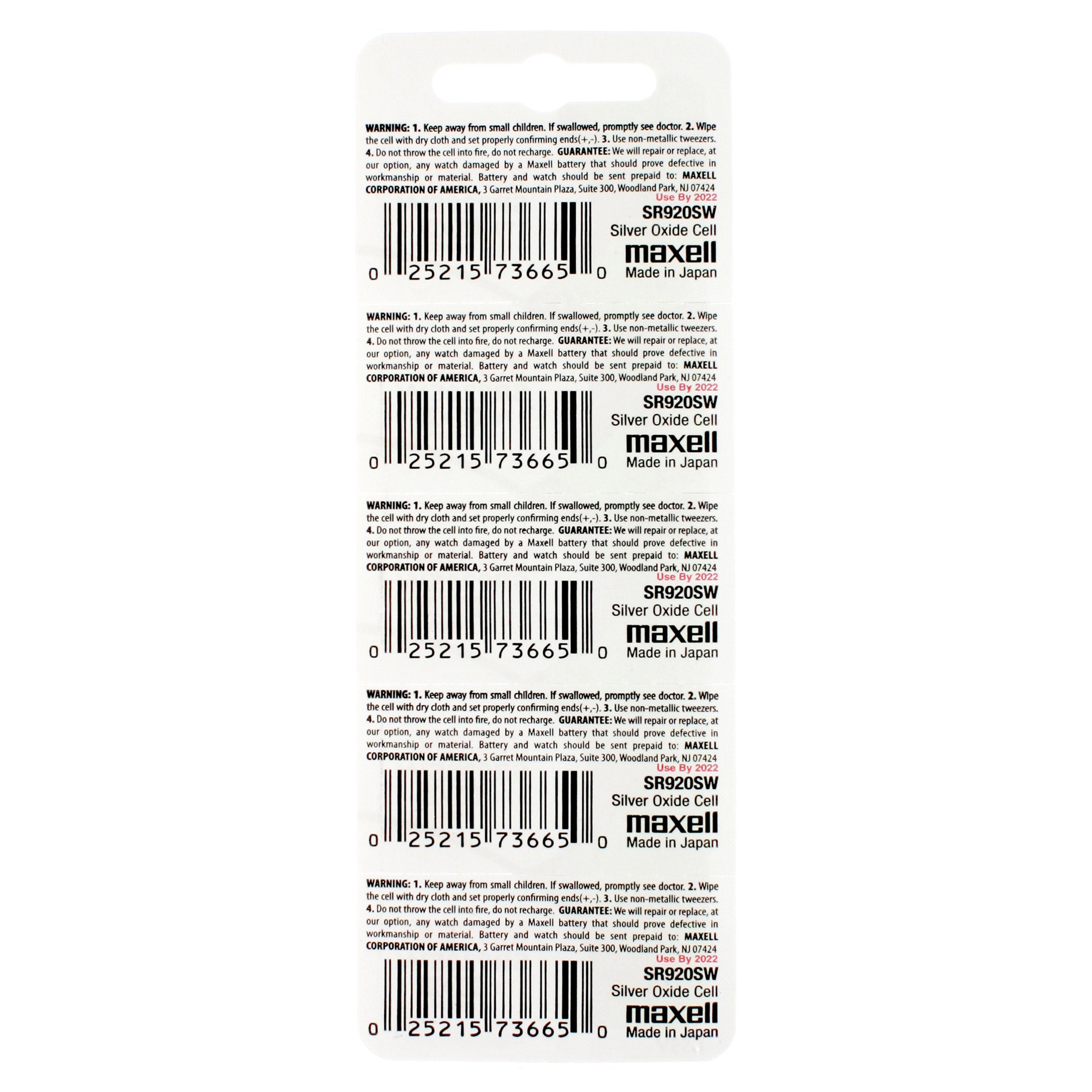 Maxell 371 (SR920SW) Battery, Pk/5