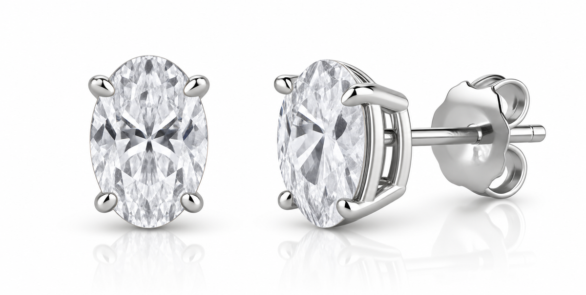 Lab-Created Diamond Oval Shaped Earring Studs with Friction Backs