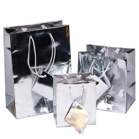 Tote-Style Gift Bags in Glossy Silver, Pk/20