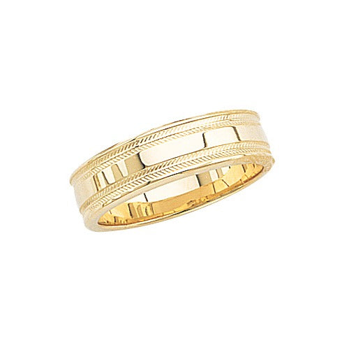 14k Yellow Gold Wedding Band w Shiny Center & Milgrain Sides 6 mm Size 6.5