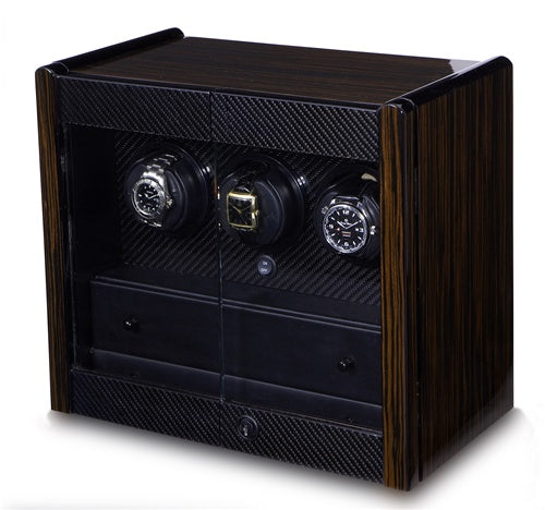 Orbita Avanti - 3 Rotorwind Watch Winder - Macassar/Carbon Fiber Trim & 3 Storage Drawers