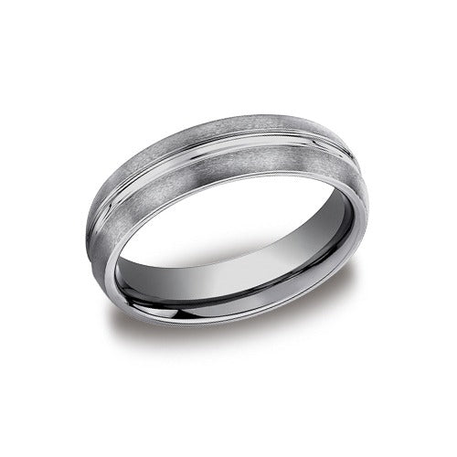 Tungsten Satin Finished Wedding Band With Polished Center Trim 6 mm