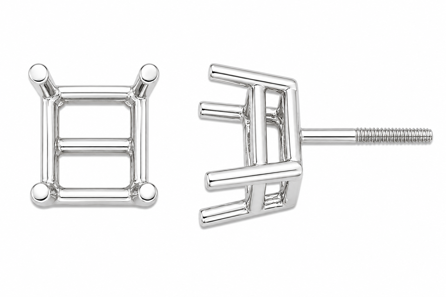 14k White Double Wire Princess-Cut Screw Back Earring w/ Round Prongs