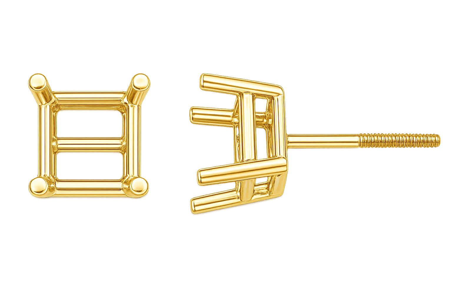 14k Yellow Double Wire Princess-Cut Screw Back Earring w/ Round Prongs