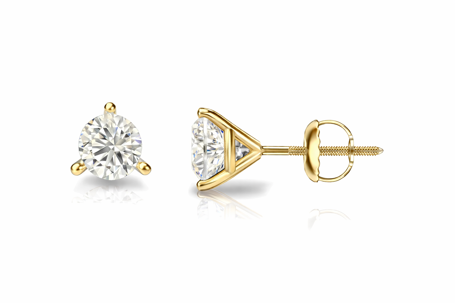Lab-Created Diamond Earring Studs – Martini 3-Prong with Threaded Backs