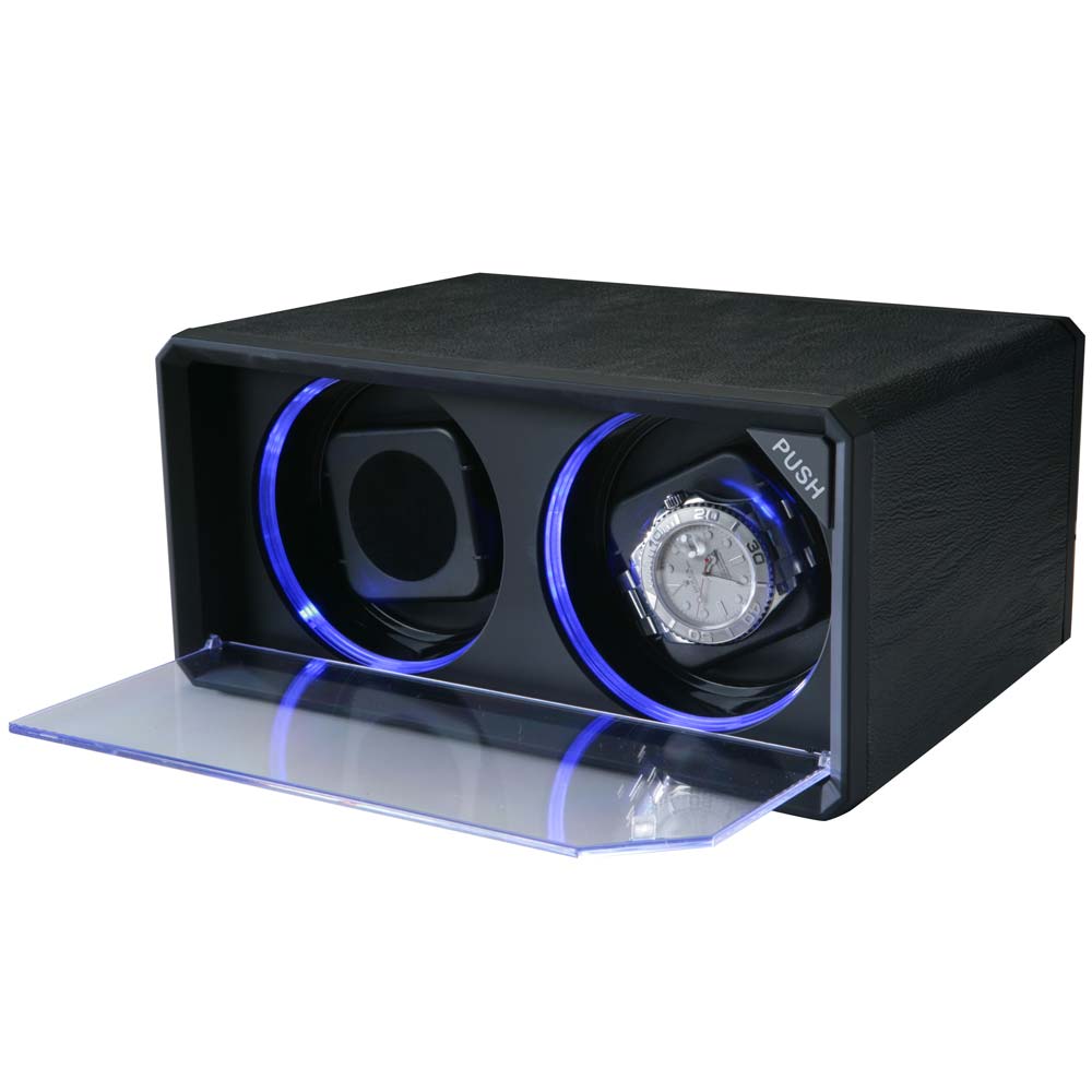 Diplomat Double (2) Watch Winde rw/ Blue LED Lighting - Black Leatherette