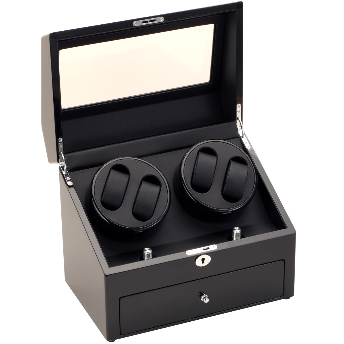 Diplomat Quad (4) Watch Winder w/ Storage for 4 Watches - Black Wood / Black leatherette Interior