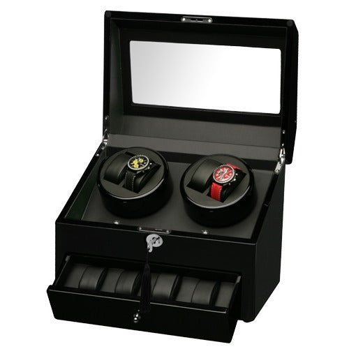 Diplomat Quad (4) Watch Winder w/ Storage for 4 Watches - Black Wood / Black leatherette Interior