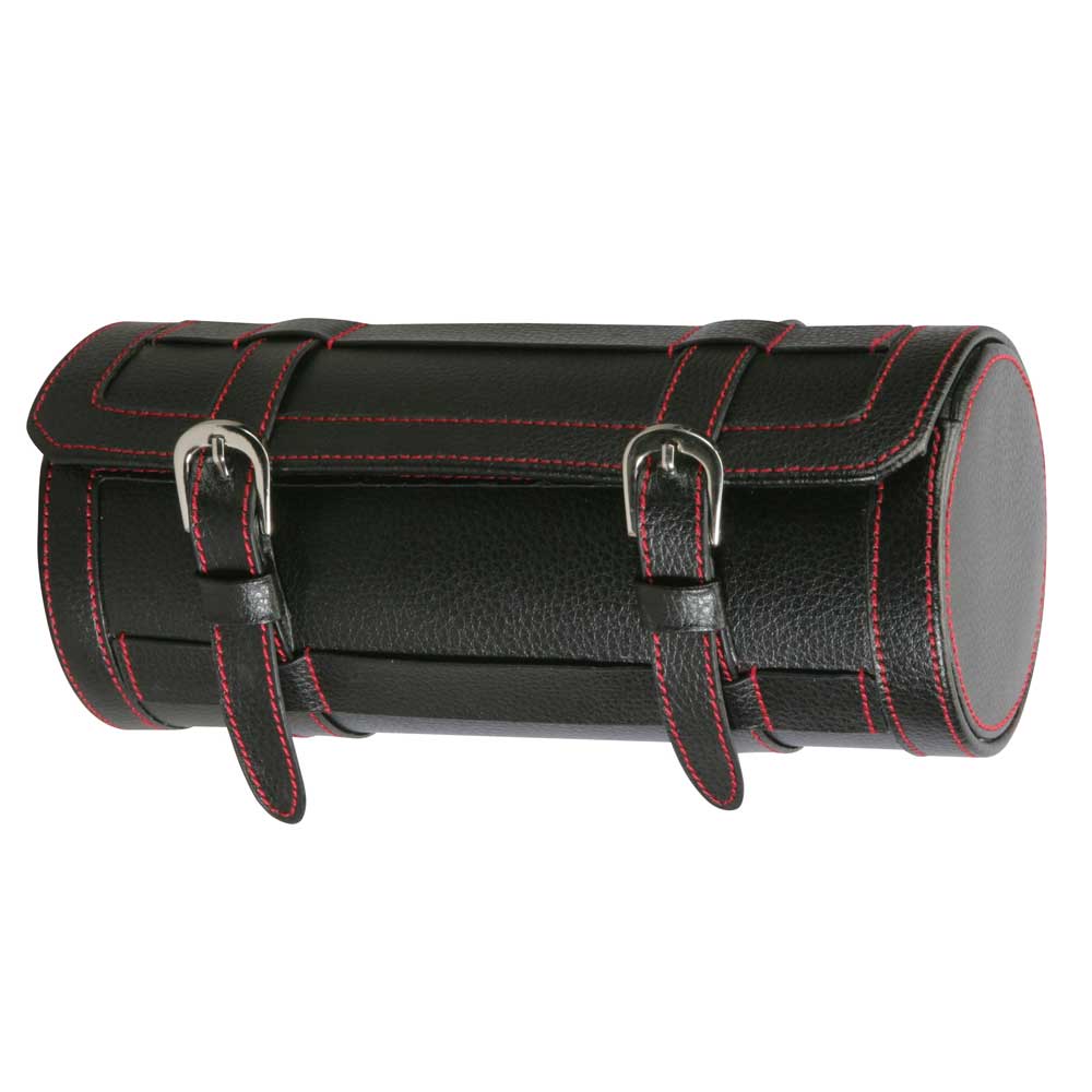 Diplomat 3 Watch Travel Roll - Black Leatherette & Red Stitching / Black Suede Interior