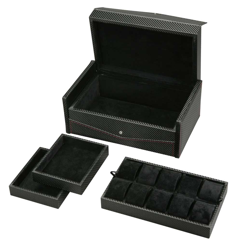 Diplomat Ten Watch Case - Black Carbon Fiber Pattern / Red Stitching / Black Suede / Removable Trays