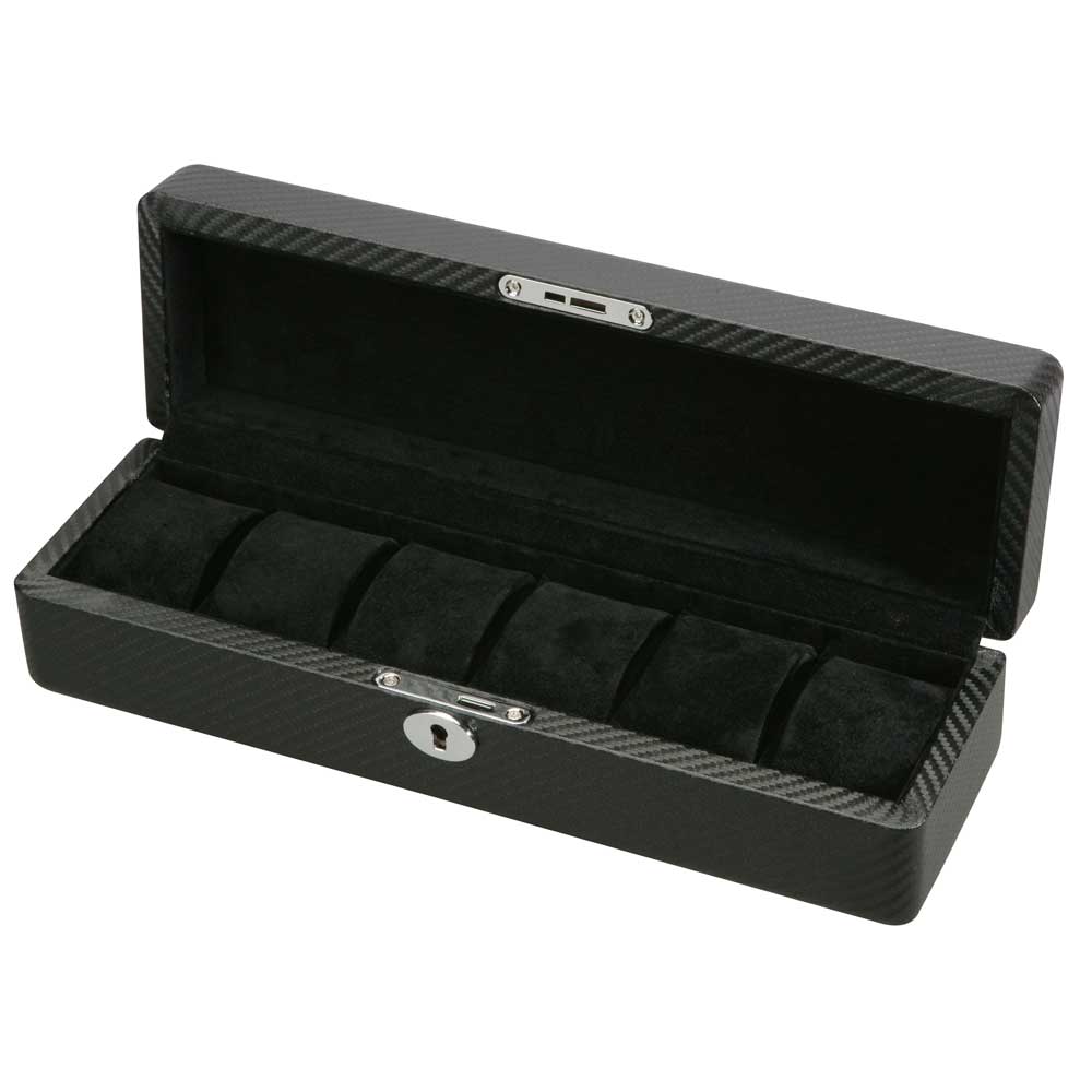 Diplomat 6 Watch Case  w/ Lock and Key - Carbon Fiber Pattern / Black Suede Interior