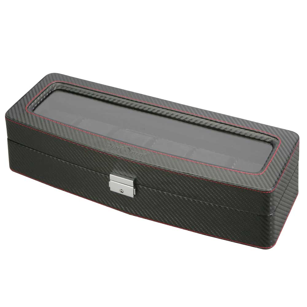 Diplomat 6 Watch Case - Carbon Fiber Pattern /  Red Stitching & Black Suede Interior