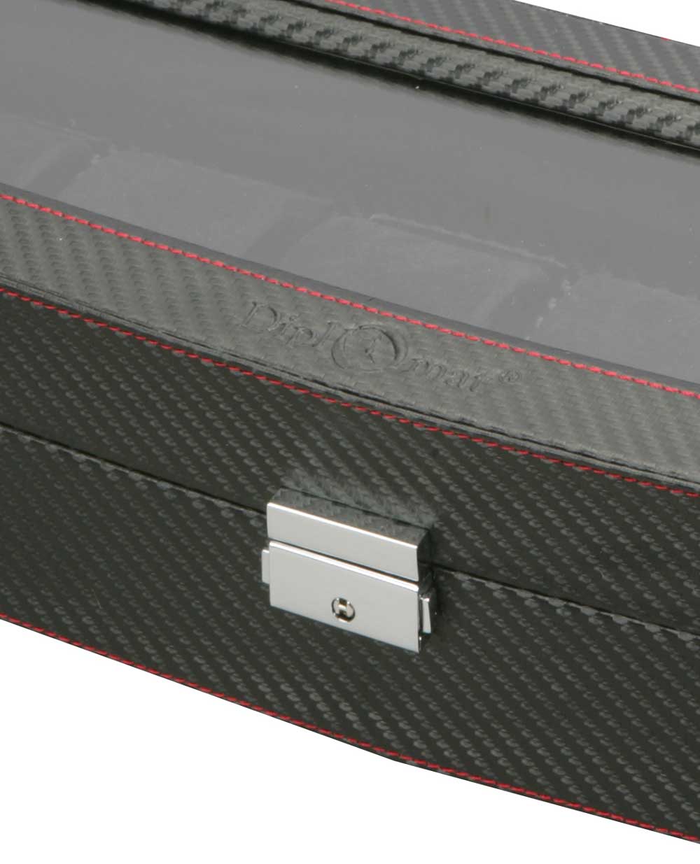 Diplomat 6 Watch Case - Carbon Fiber Pattern /  Red Stitching & Black Suede Interior