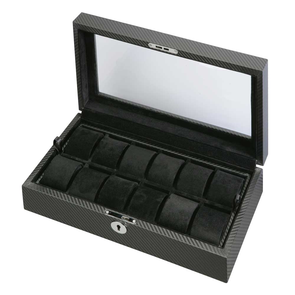 Diplomat 12 Watch Case - Black Carbon Fiber Pattern / Black Suede Removable Tray