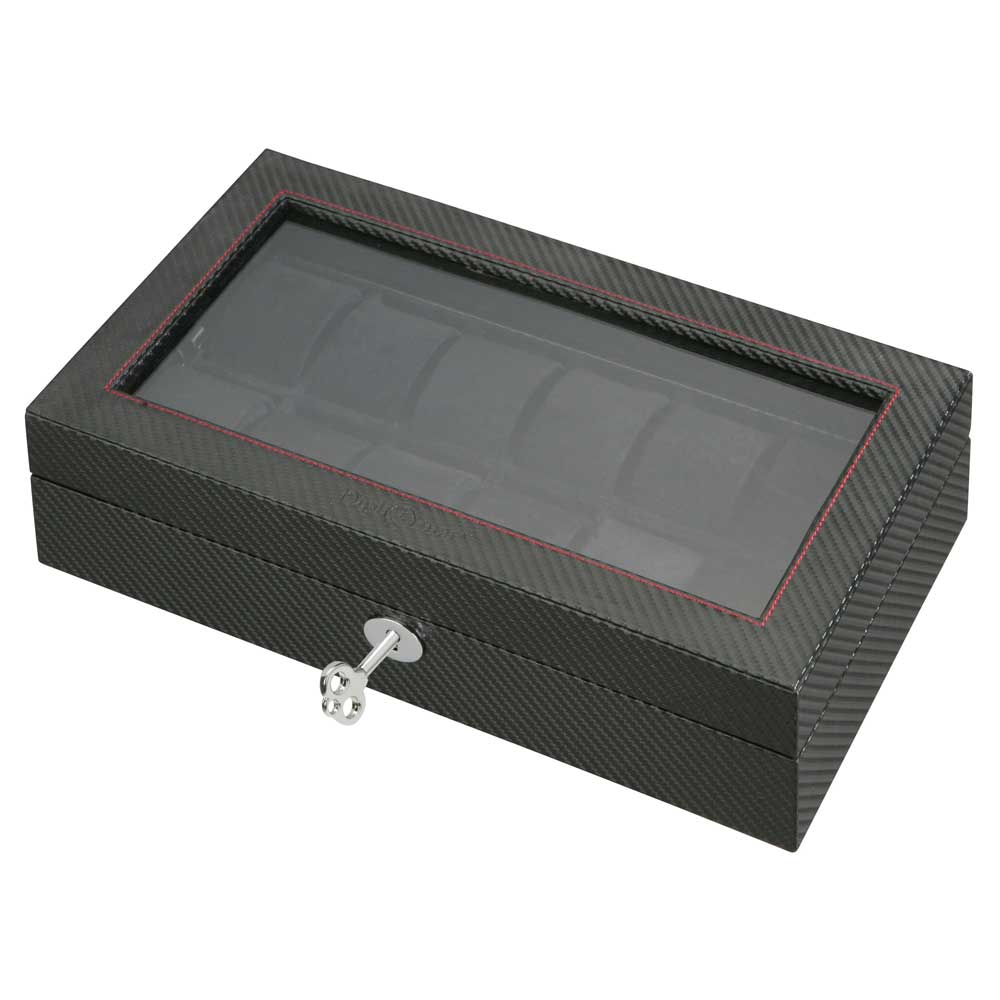 Diplomat 12 Watch Case - Black Carbon Fiber Pattern / Black Suede Removable Tray