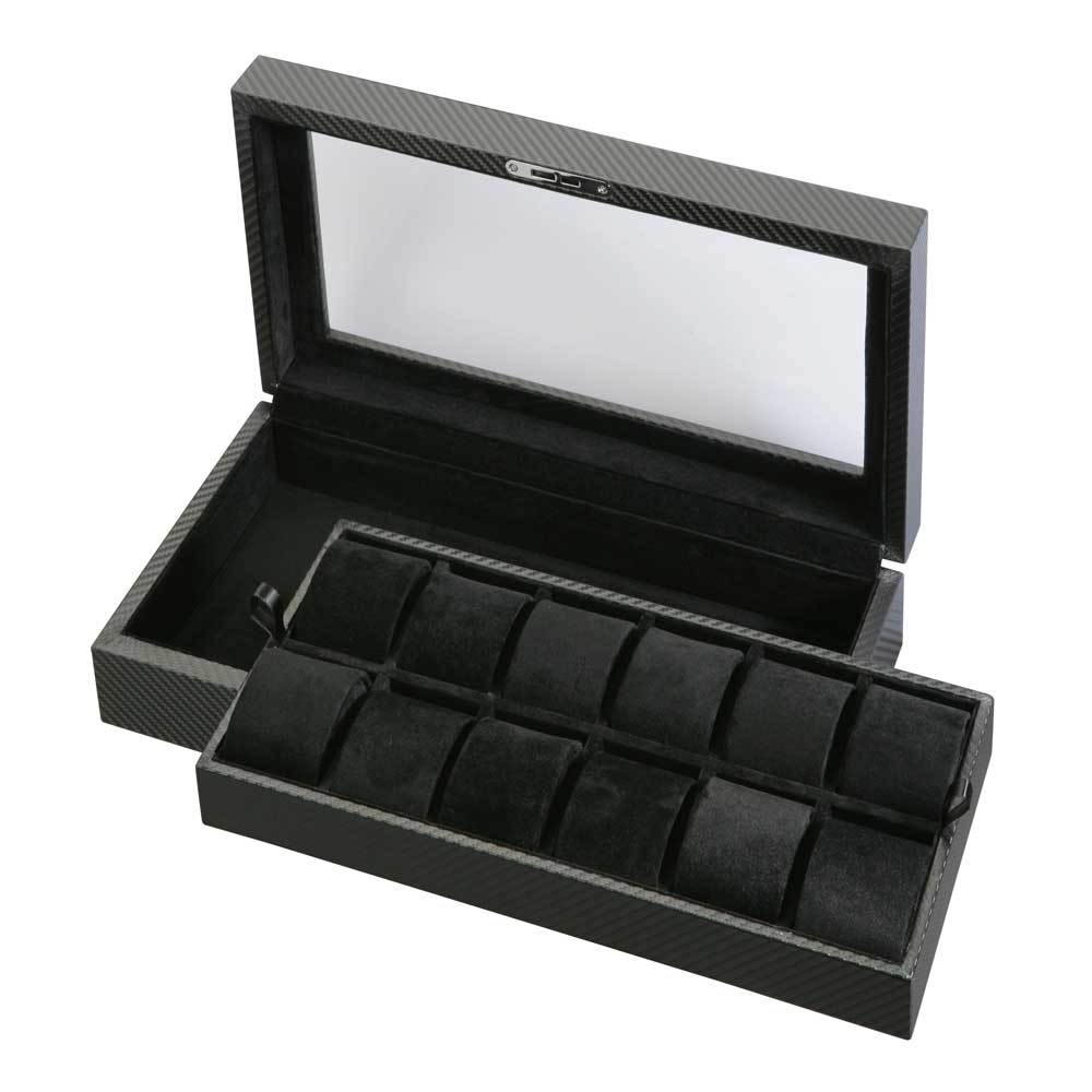 Diplomat 12 Watch Case - Black Carbon Fiber Pattern / Black Suede Removable Tray