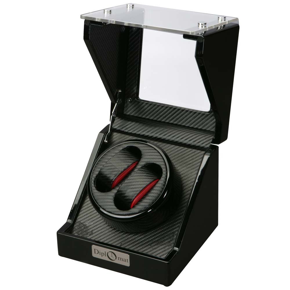 Diplomat Double (2) Watch Winder - Black Wood Finish - Carbon Fiber Pattern & Red Accents Interior