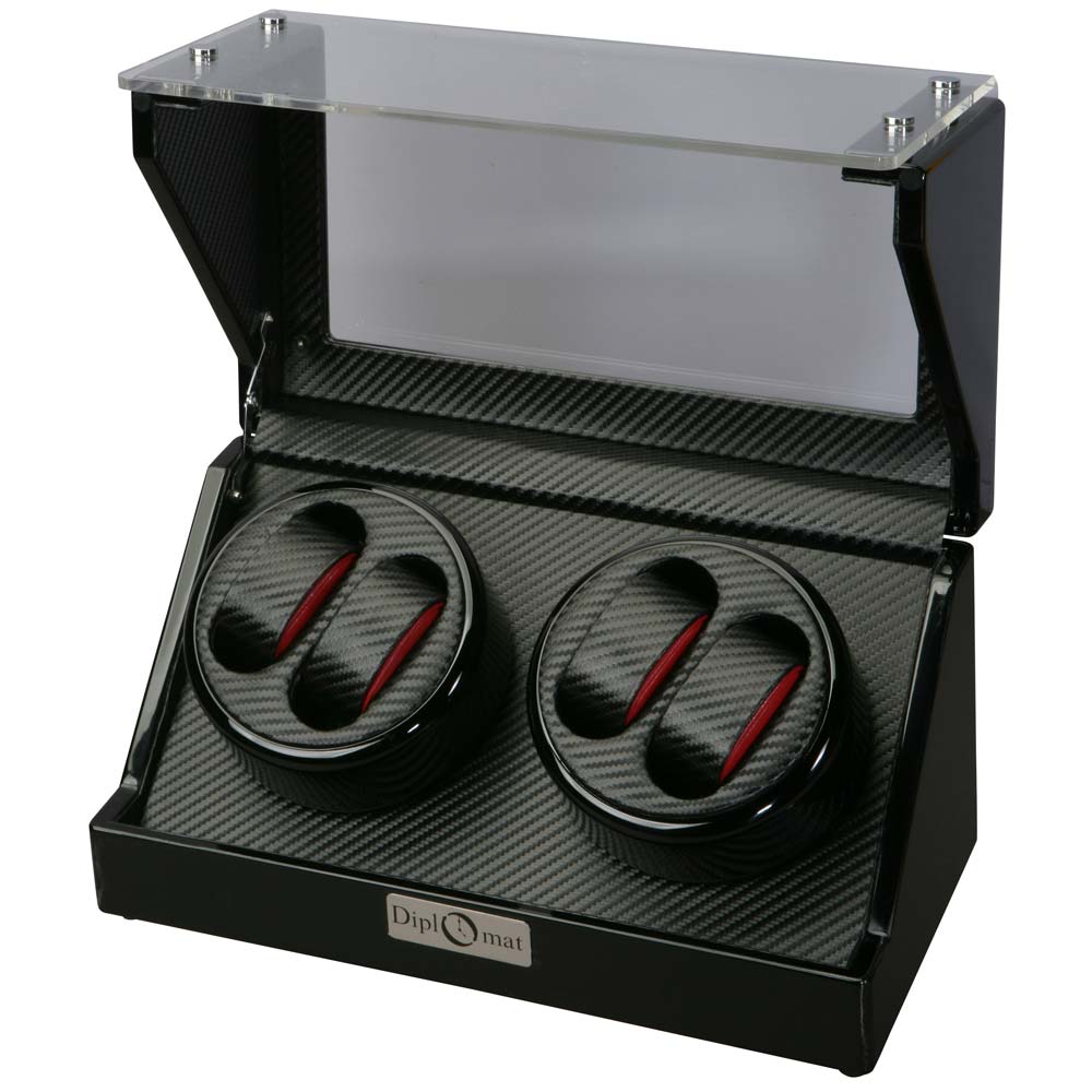 Diplomat Quad (4) Watch Winder - Black Wood / Carbon Fiber Pattern & Bold Red Leatherette Accents Finish