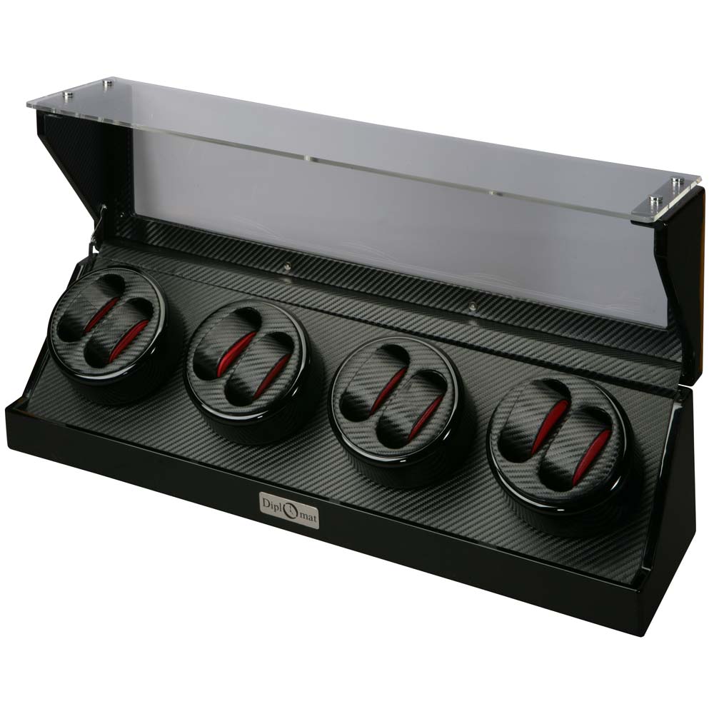 Diplomat Eight (8) Watch Winder - Black Wood Finish / Carbon Fiber Pattern & Red Accents Leatherette Interior