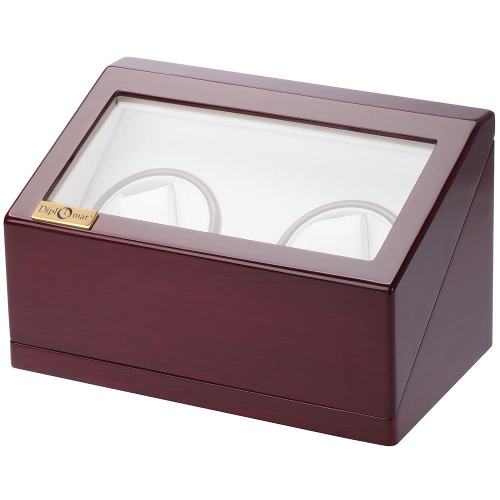 Diplomat Double (2) Watch Winder - Cherry Wood Finish / White Leatherette Interior