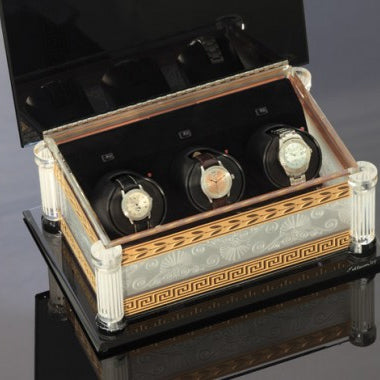 Orbita Artisan "Schlanser" Self-Programming 3-Watch Winder in Genuine Crystal & Gold Case