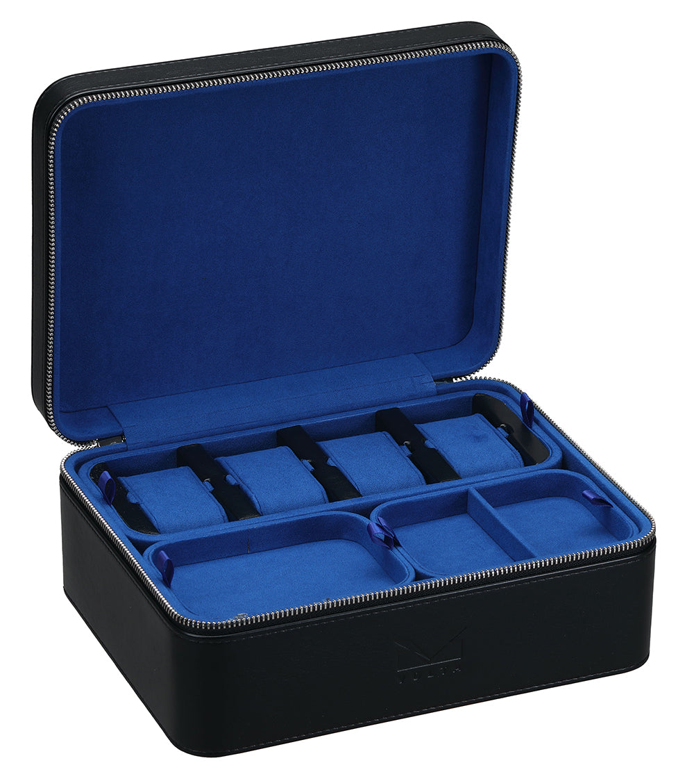 Volta 6 Watch Travel Case in Black Leatherette and Blue Microsuede Interior