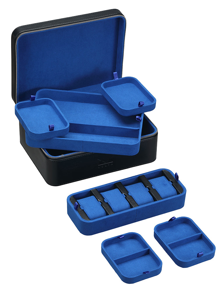 Volta 6 Watch Travel Case in Black Leatherette and Blue Microsuede Interior