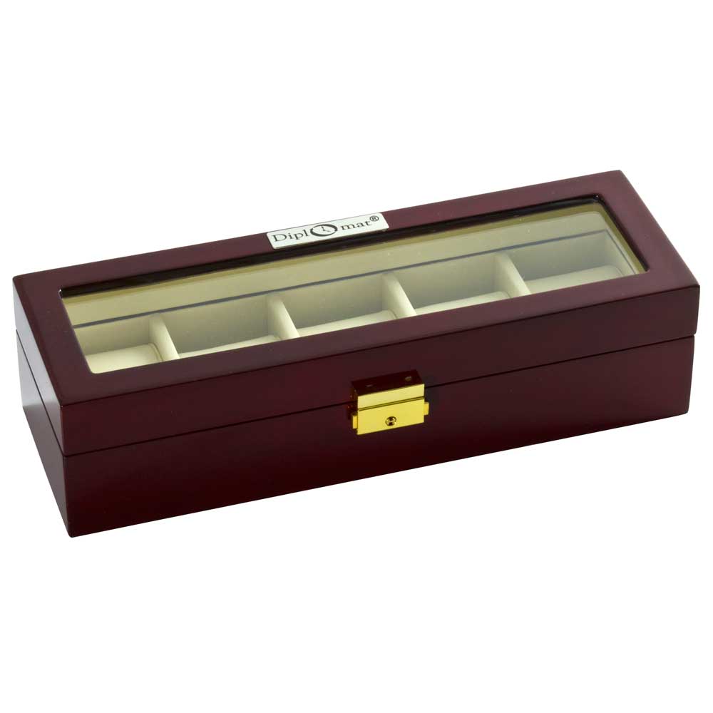 Diplomat "Estate" 5-Watch Glass-Top Cases in Mahogany