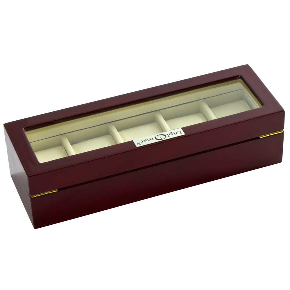 Diplomat "Estate" 5-Watch Glass-Top Cases in Mahogany