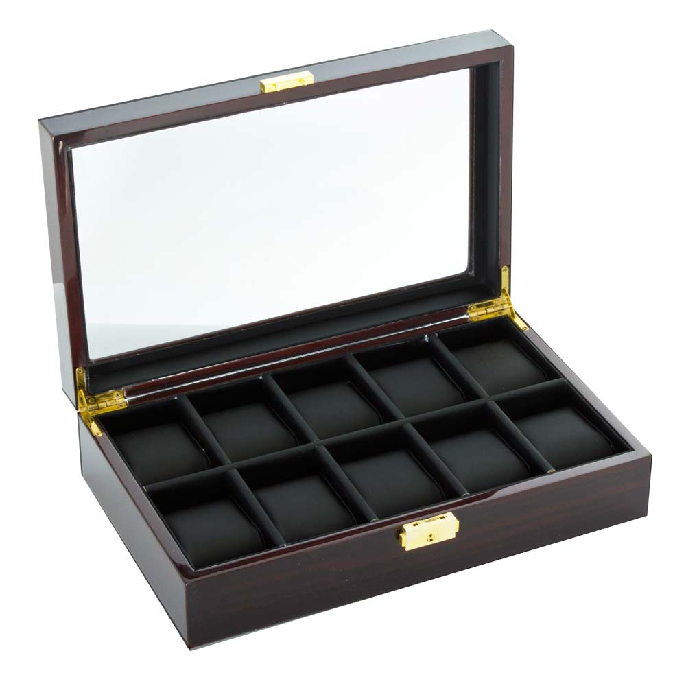 Diplomat "Estate" 10-Watch Glass-Top Cases in Mahogany