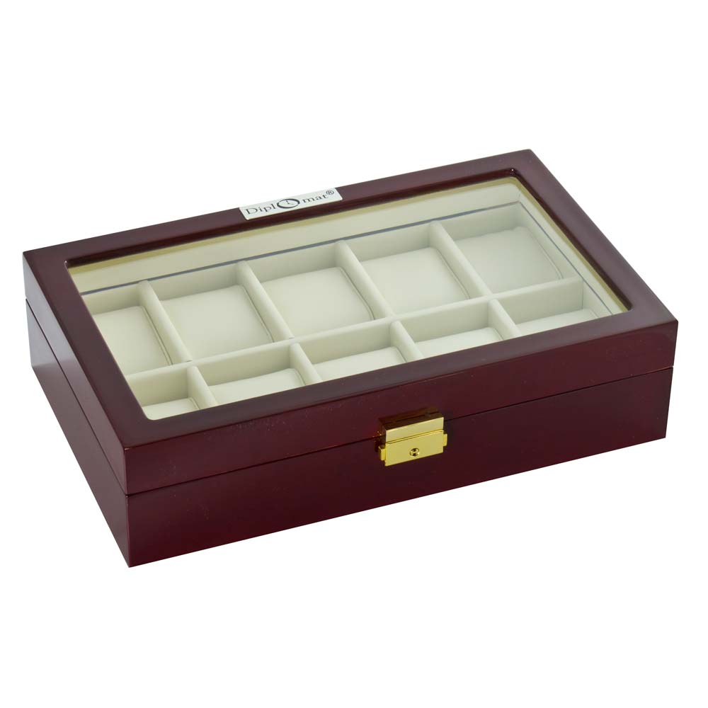 Diplomat "Estate" 10-Watch Glass-Top Cases in Mahogany