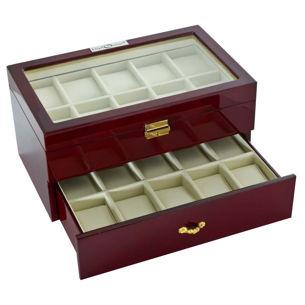 Diplomat "Estate" 20-Watch Glass-Top Cases in Mahogany