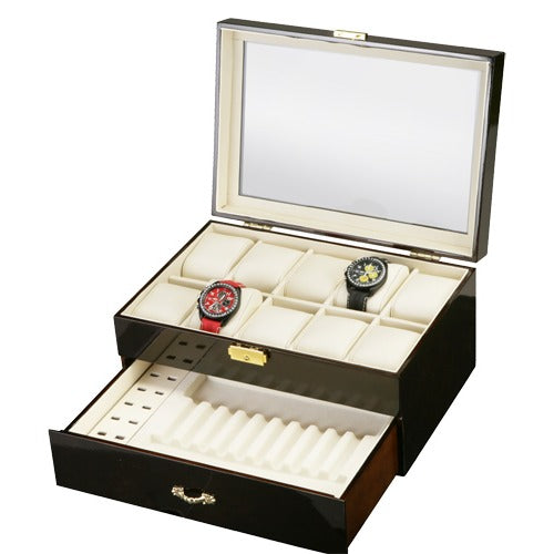 Diplomat "Estate" 10-Watch Glass-Top Cases in Ebony or Burlwood