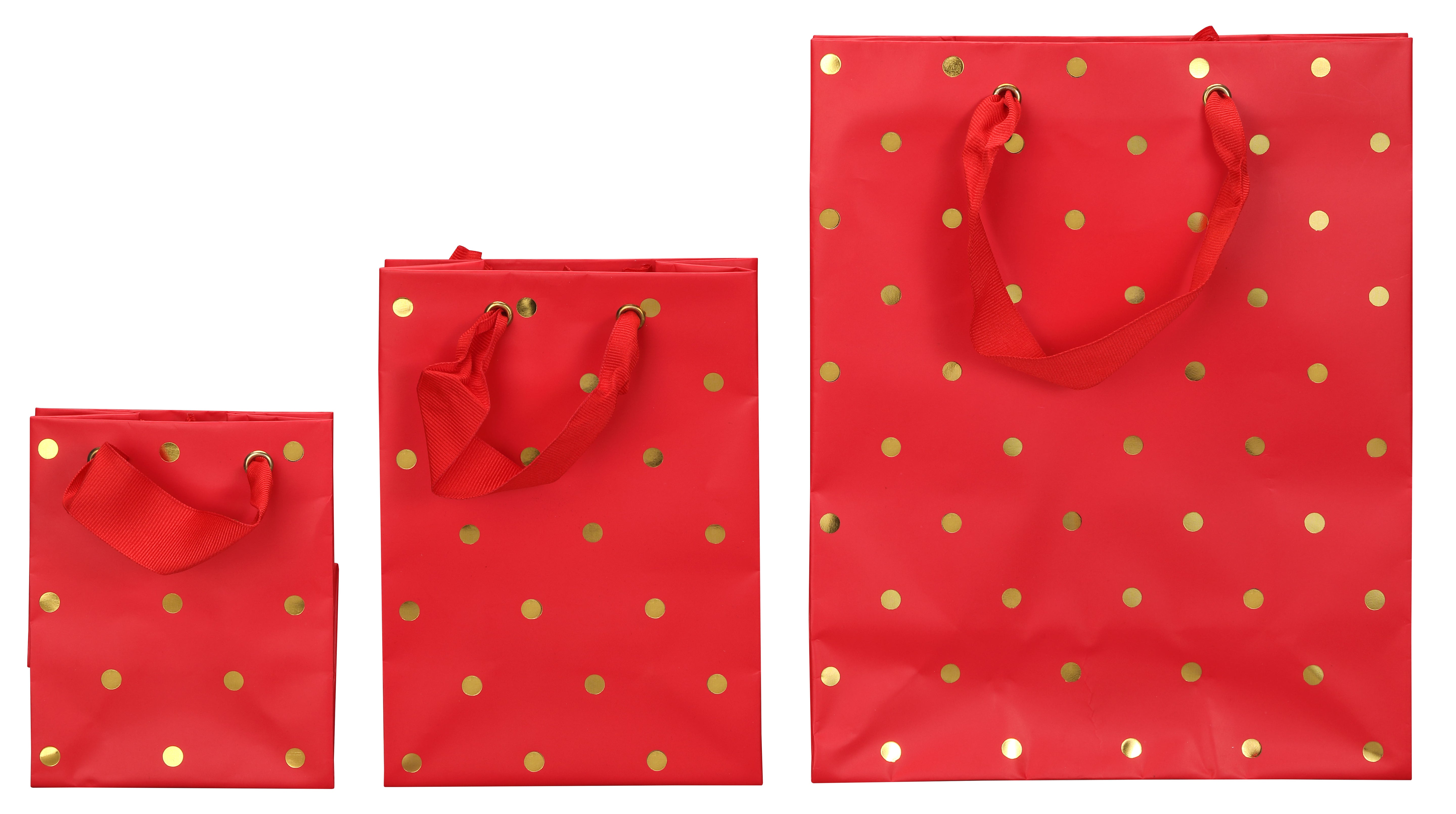 Satin-Finish Premium Tote-Style Gift Bags in Red with Gold Dots, Pk/20