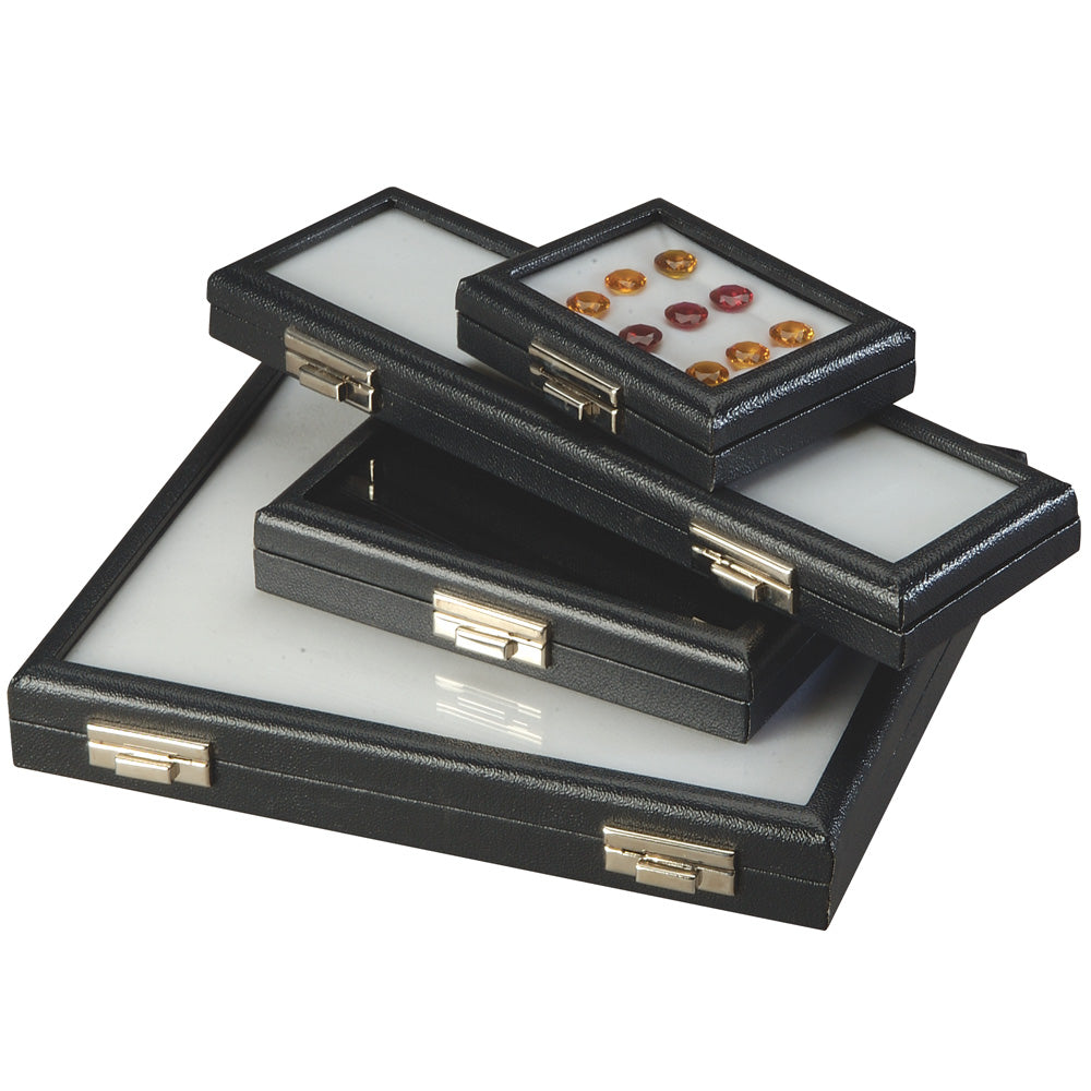 Glass-Top Black Wood Gem Boxes w/Reversible Flat-Foam Inserts & Lock